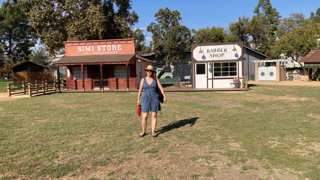 Me, a chunky redhead, looking summery in front of the Simi Store and a Barber shop building.
